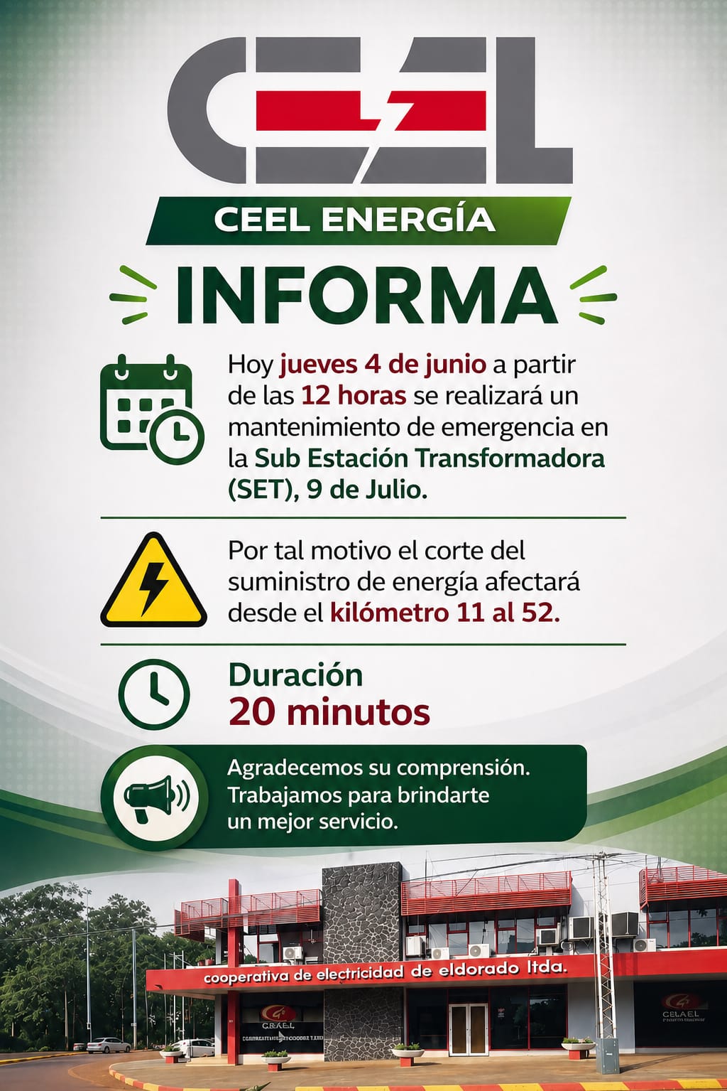 Corte de energía en Eldorado por tareas de mantenimiento en la SET 9 de Julio 2